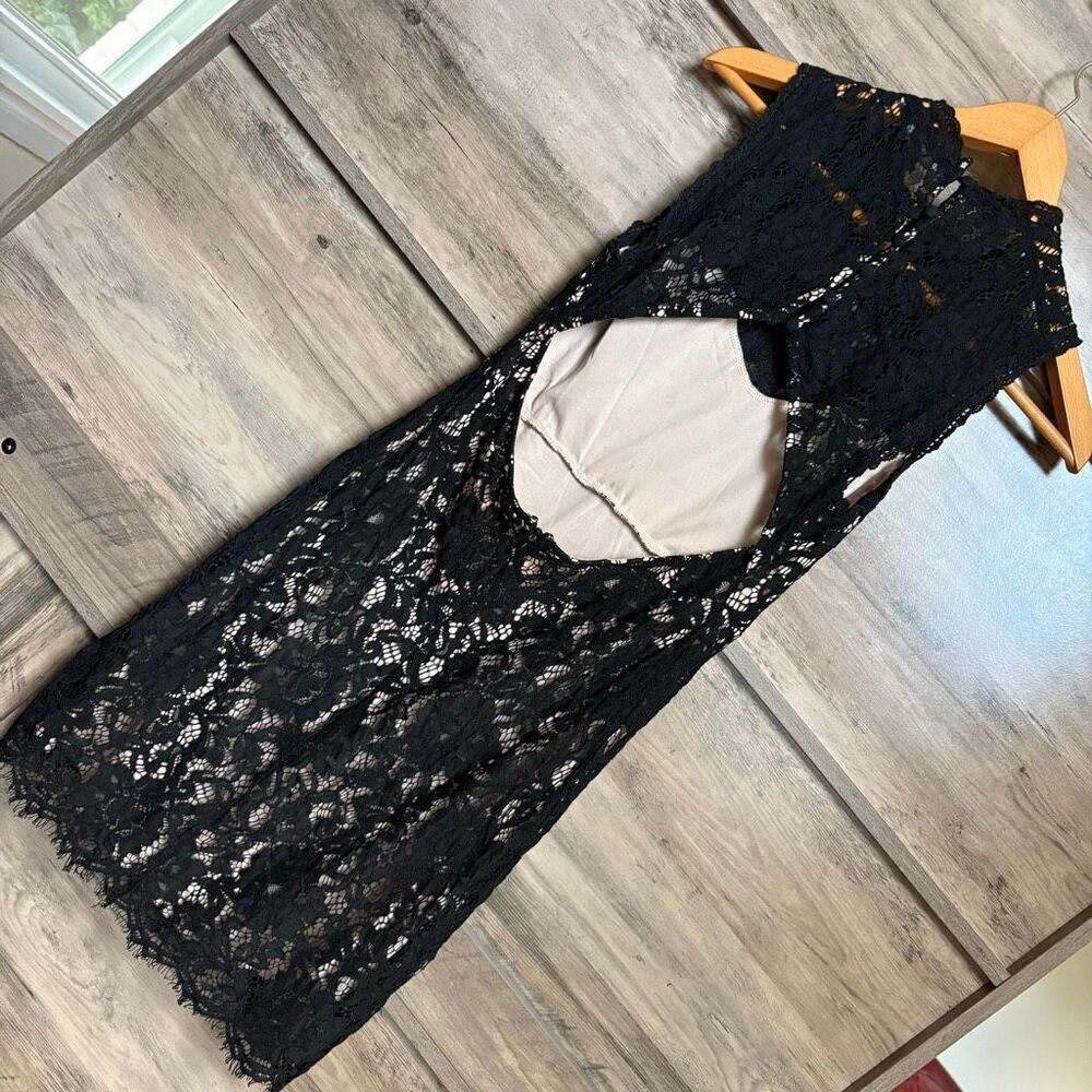 She + Sky S Open Back Black Lace Dress Cream Lining Romantic Preppy Evening Chic